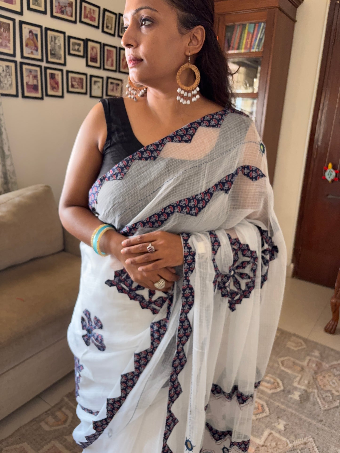 Kota cotton hand embroidered patchwork saree - White Blue