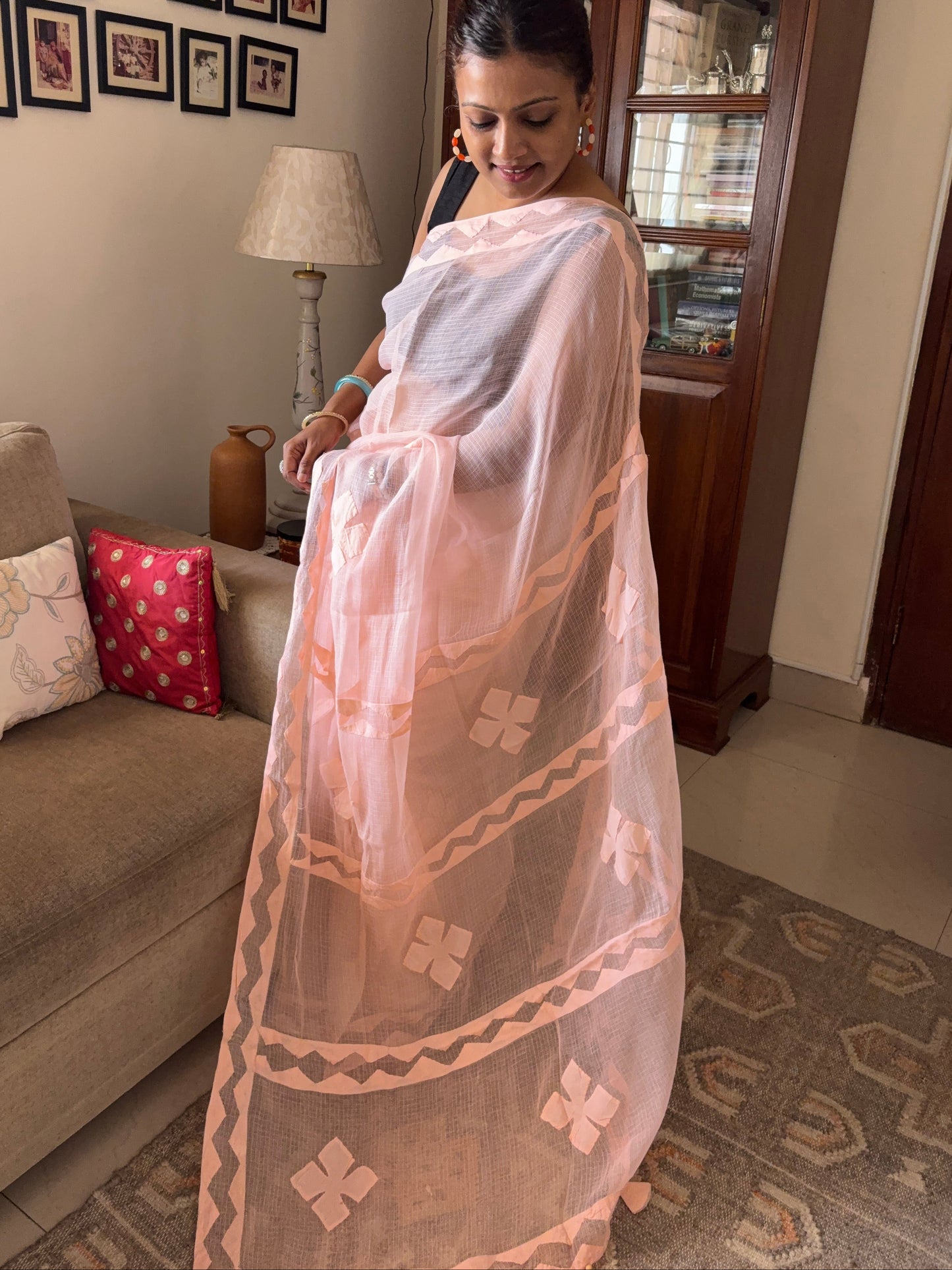 Kota cotton hand embroidered patchwork saree - Peach