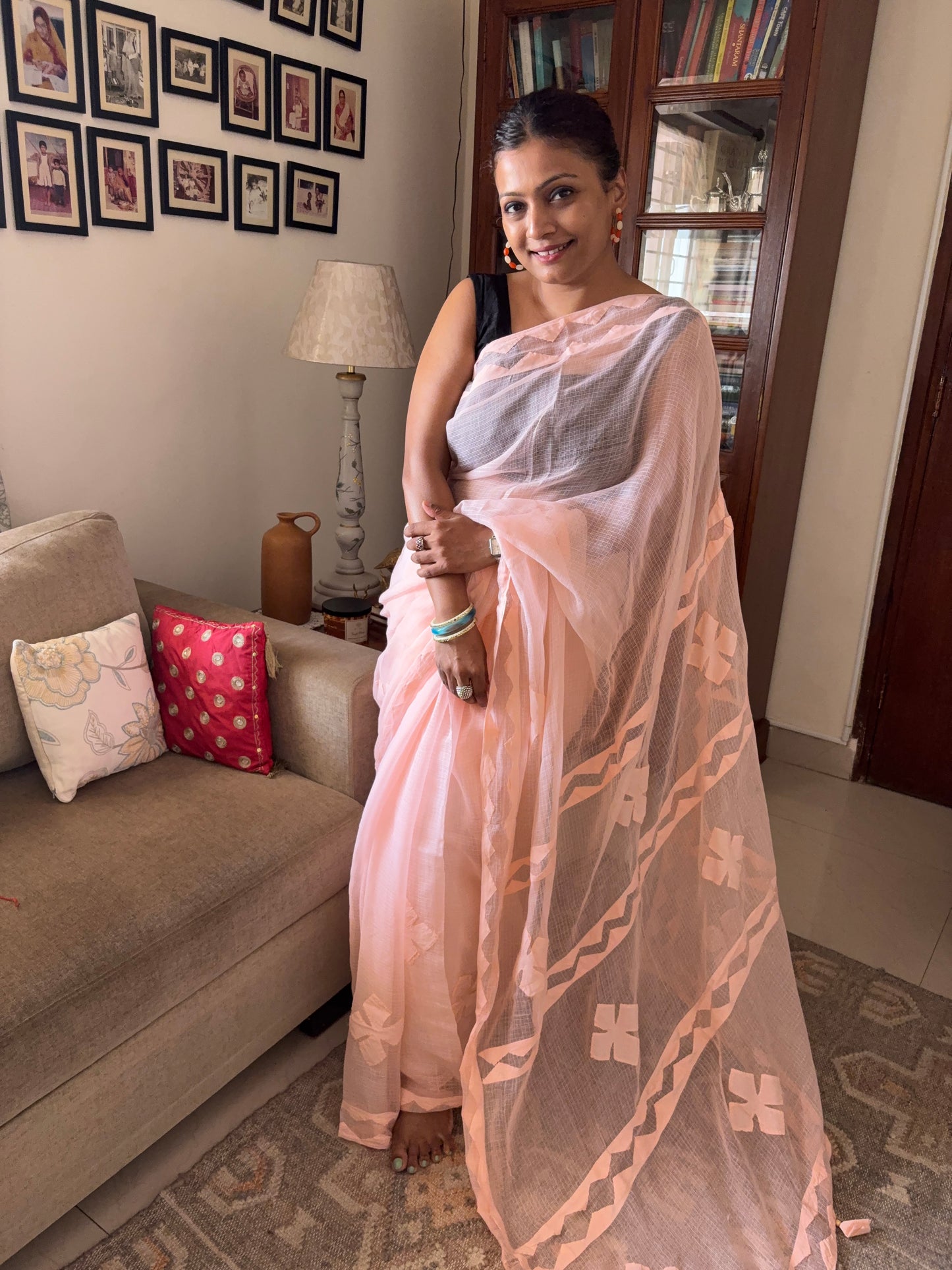 Kota cotton hand embroidered patchwork saree - Peach