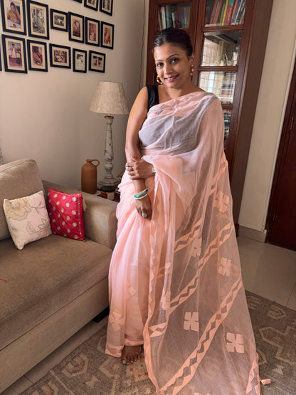 Kota cotton hand embroidered patchwork saree - Peach