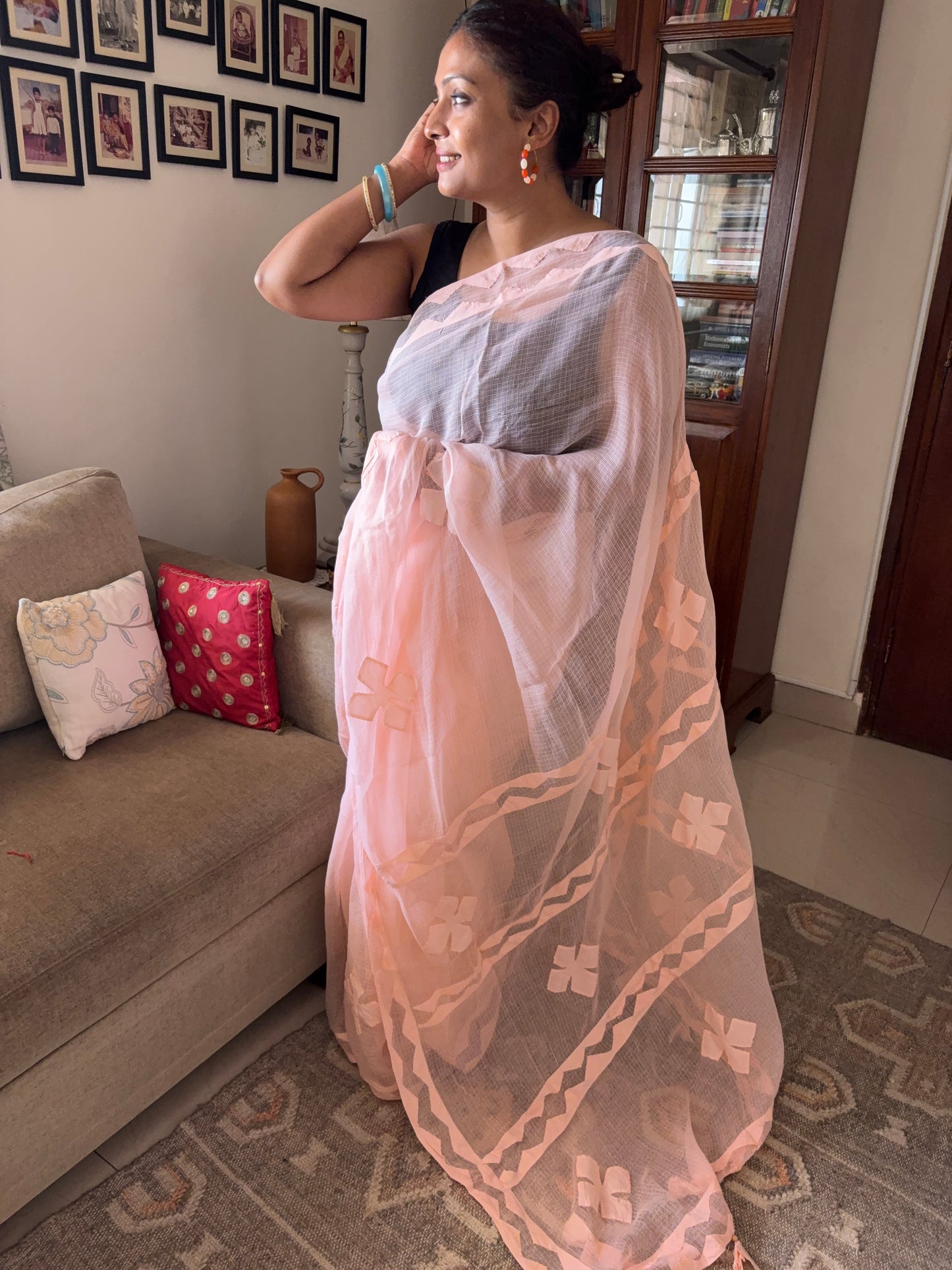 Kota cotton hand embroidered patchwork saree - Peach