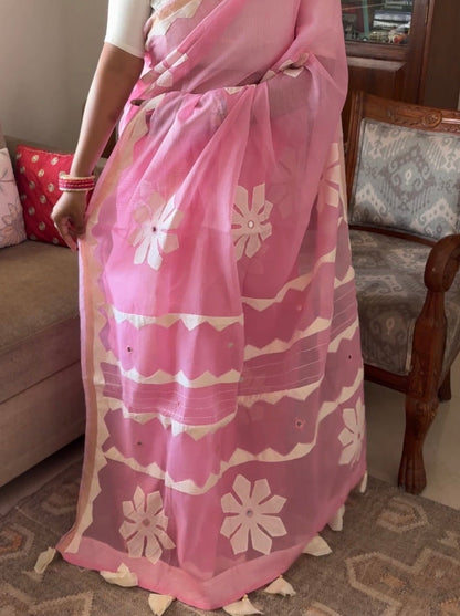 Kota cotton patchwork saree with Zari border - Light pink