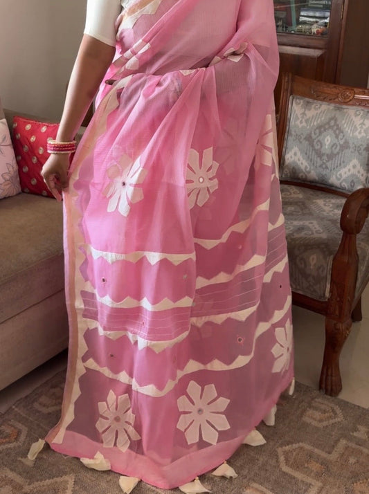 Kota cotton patchwork saree with Zari border - Light pink