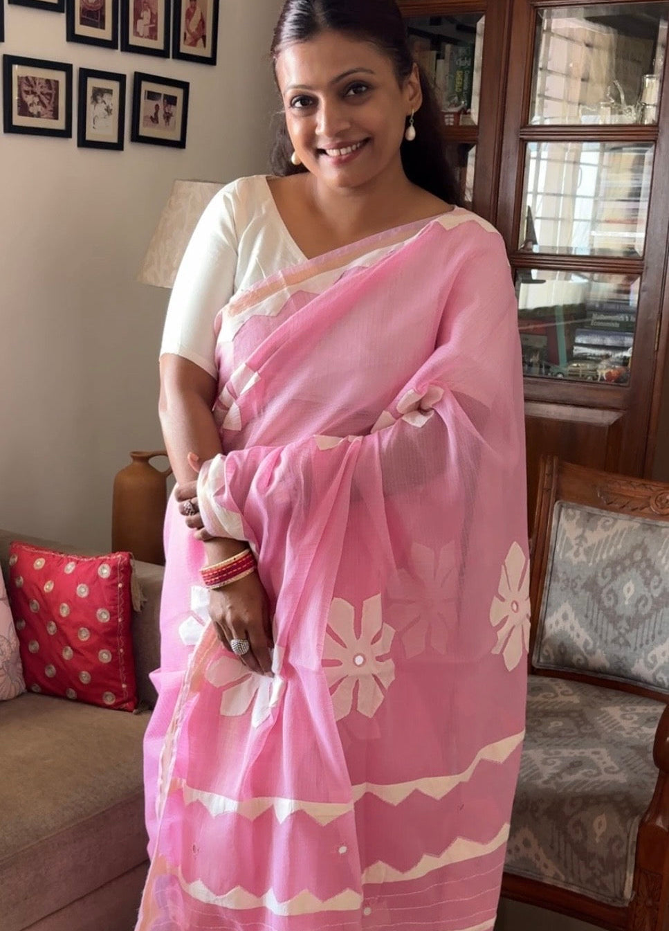 Kota cotton patchwork saree with Zari border - Light pink