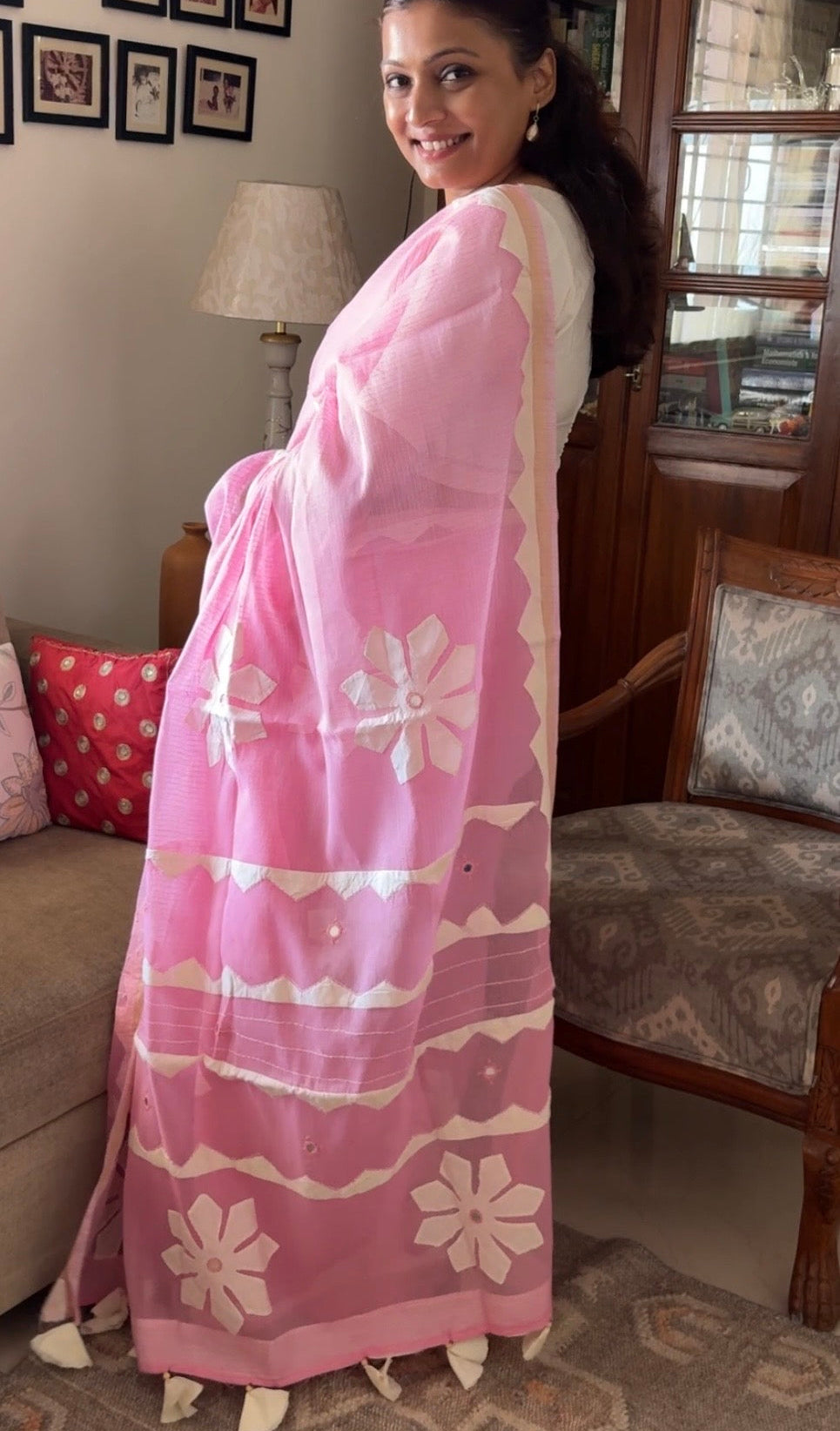 Kota cotton patchwork saree with Zari border - Light pink