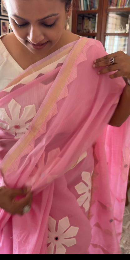 Kota cotton patchwork saree with Zari border - Light pink
