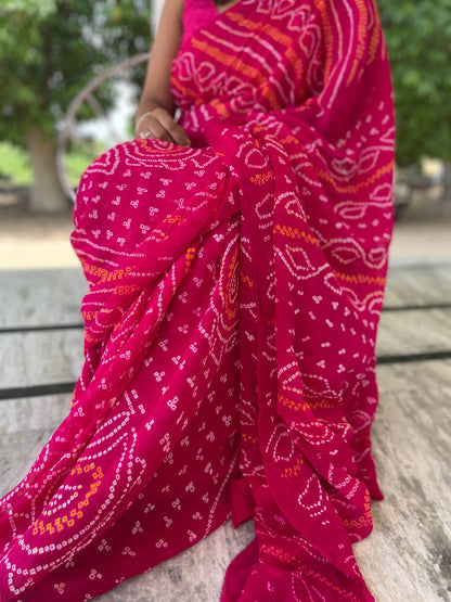 Pure Chiffon Bandhej Saree - Rani Pink