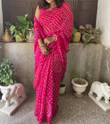 Pure Chiffon Bandhej Saree - Rani Pink
