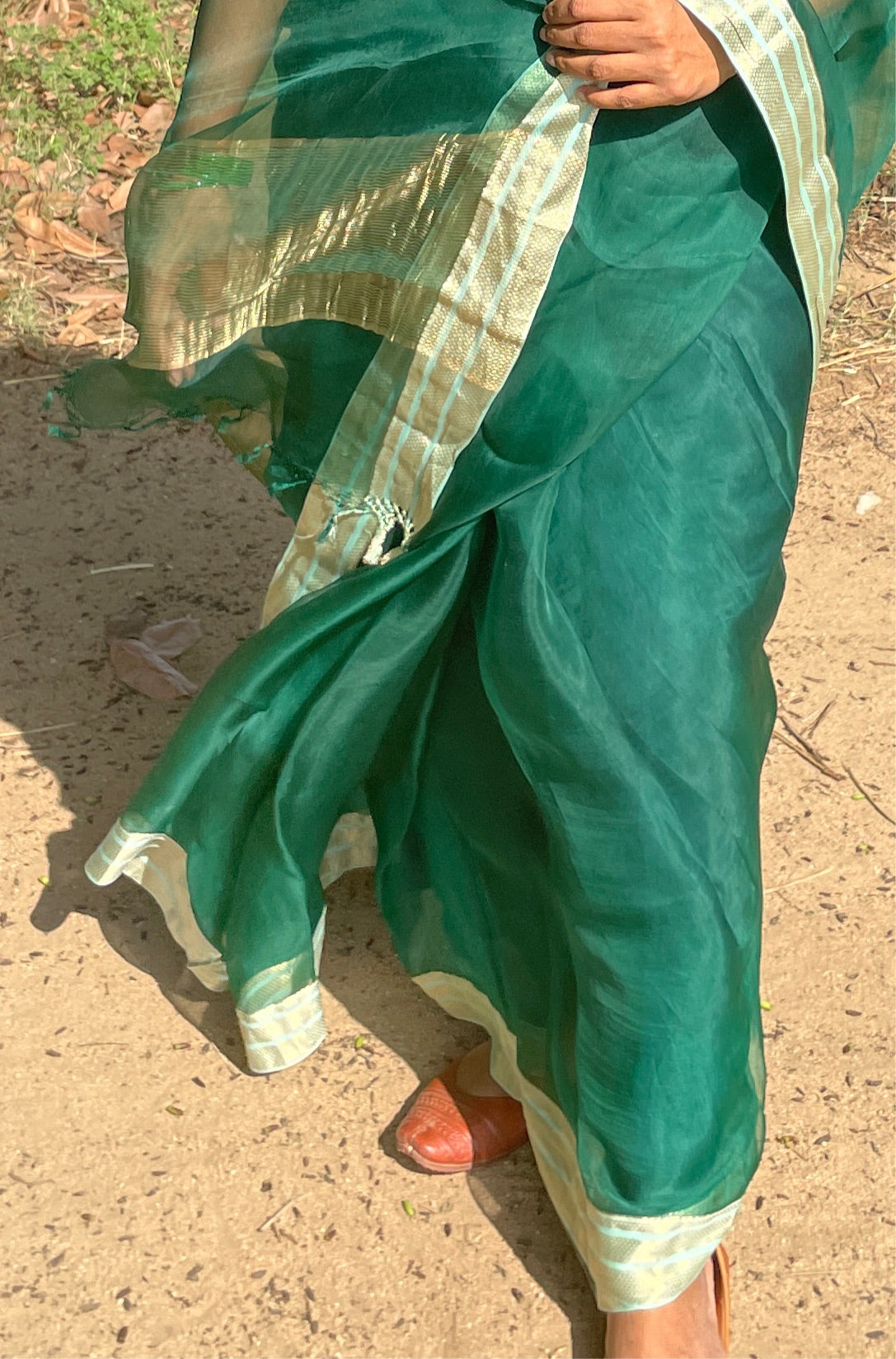 Organza silk saree - Emerald Green