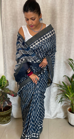 GHICHA SILK SAREE - INDIGO HANDBLOCK PRINTED