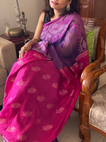 PURE LINEN ZORI JAMDANI SAREE - Jamun