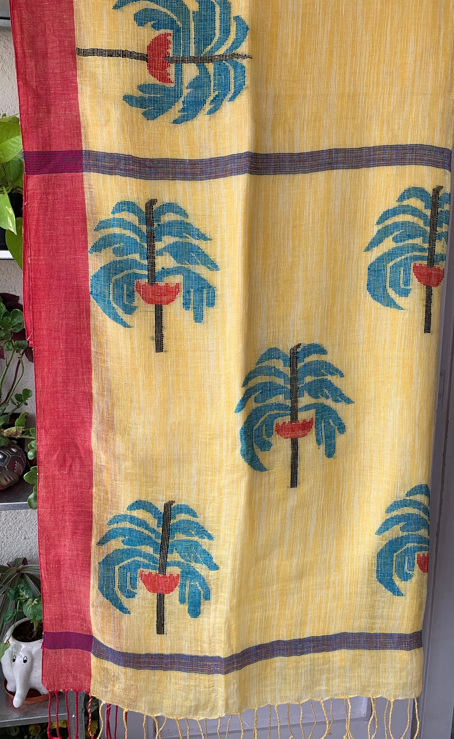 HANDWOVEN KHADI LINEN JAMDANI SAREE - YELLOW TROPICAL SAREE