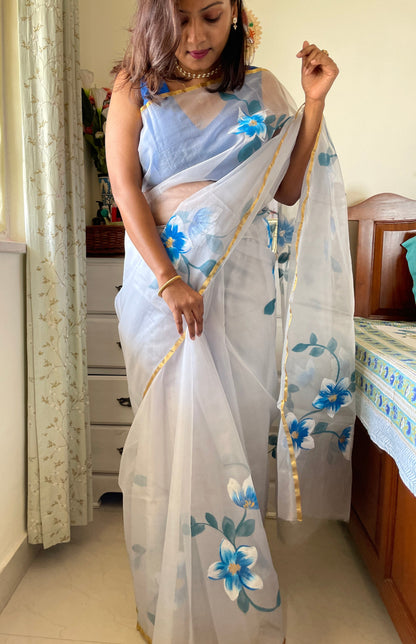 Handpainted Organza saree - White Blue