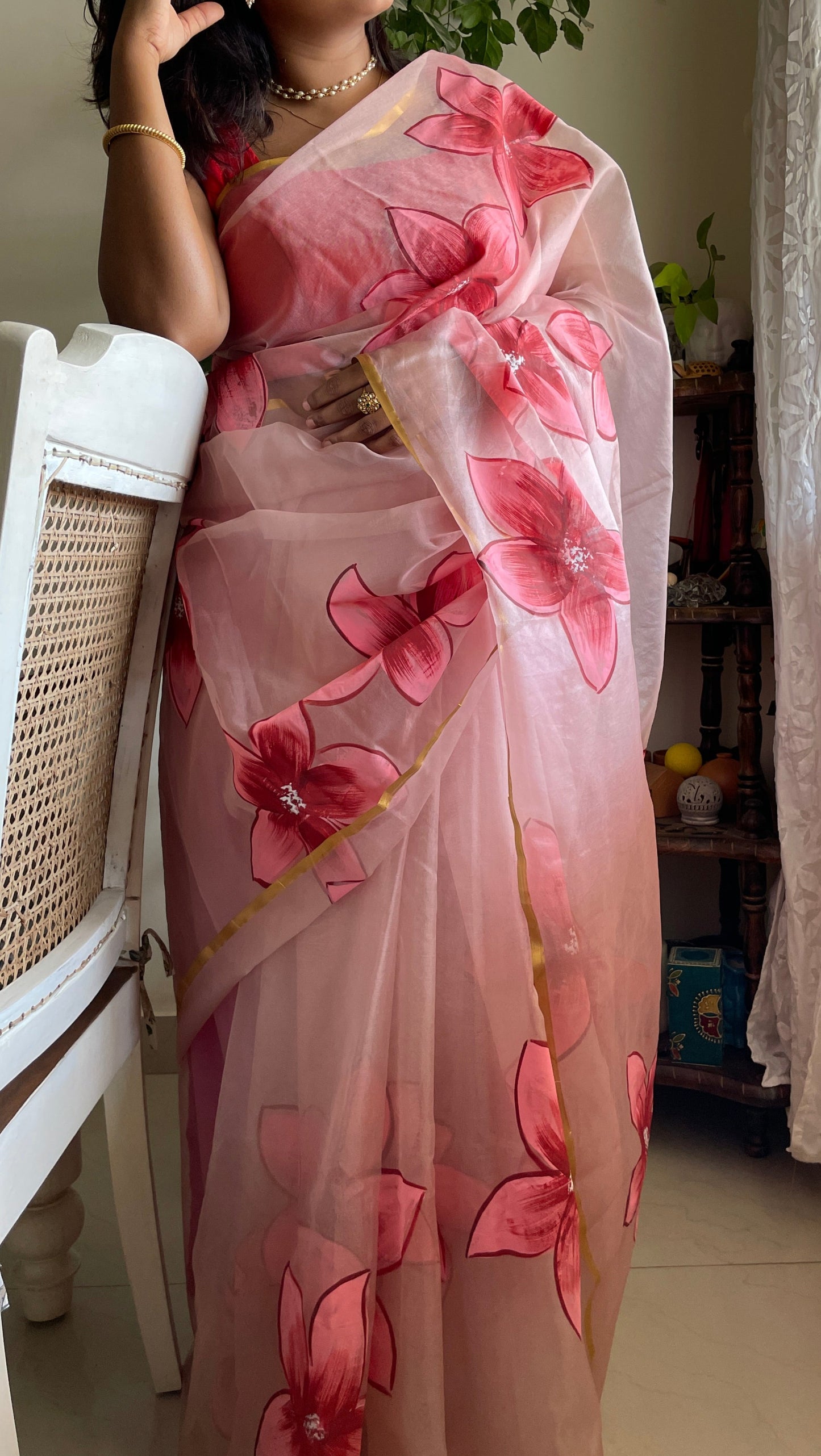 Handpainted organza saree - Red Pink