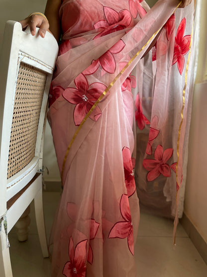 Handpainted organza saree - Red Pink