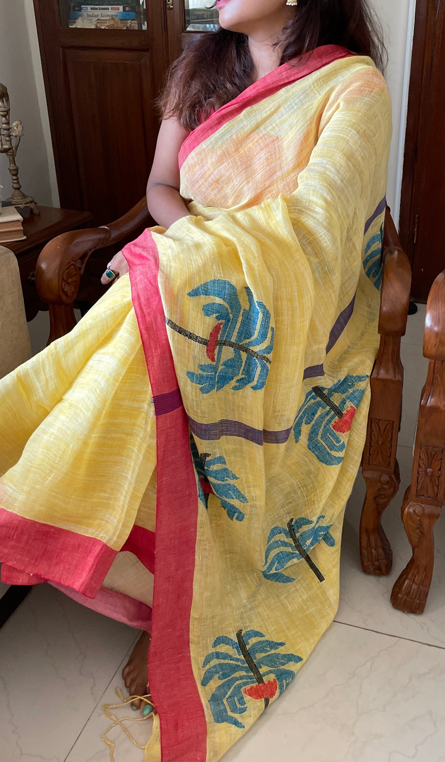 HANDWOVEN KHADI LINEN JAMDANI SAREE - YELLOW TROPICAL SAREE