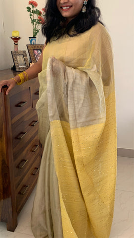HANDWOVEN PURE YELLOW METALLIC TISSUE ZARI SAREE SEQUIN PALLU
