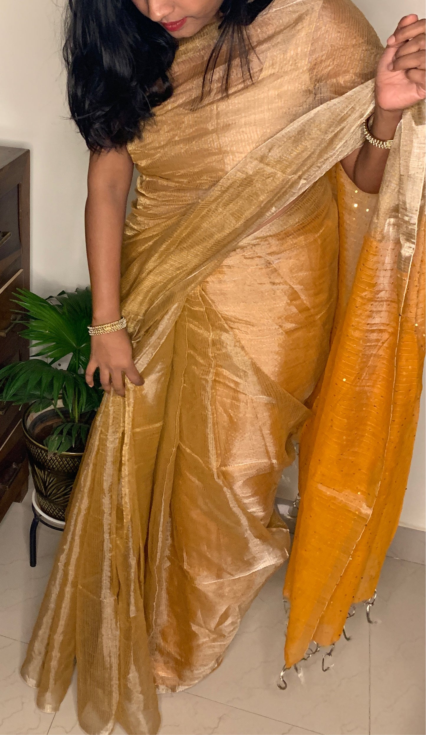 Pure tissue silk saree - Tangerine Gold